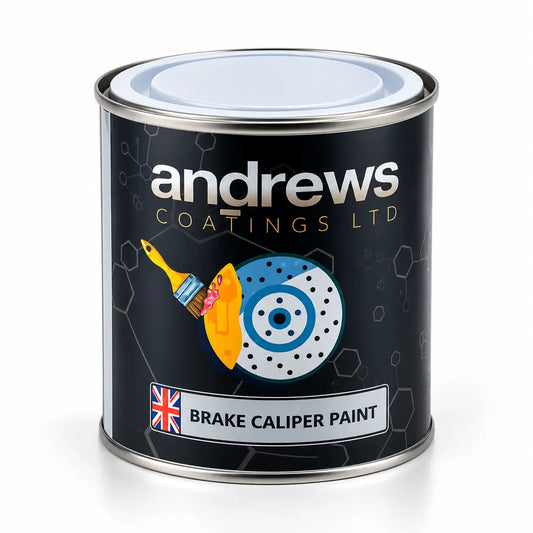 A can of Andrews Coatings Ltd Brake Caliper Paint on a white background. The can features a black label with a graphic of a yellow paint brush and a blue brake caliper, with the brand name 'andrews' in large white letters.