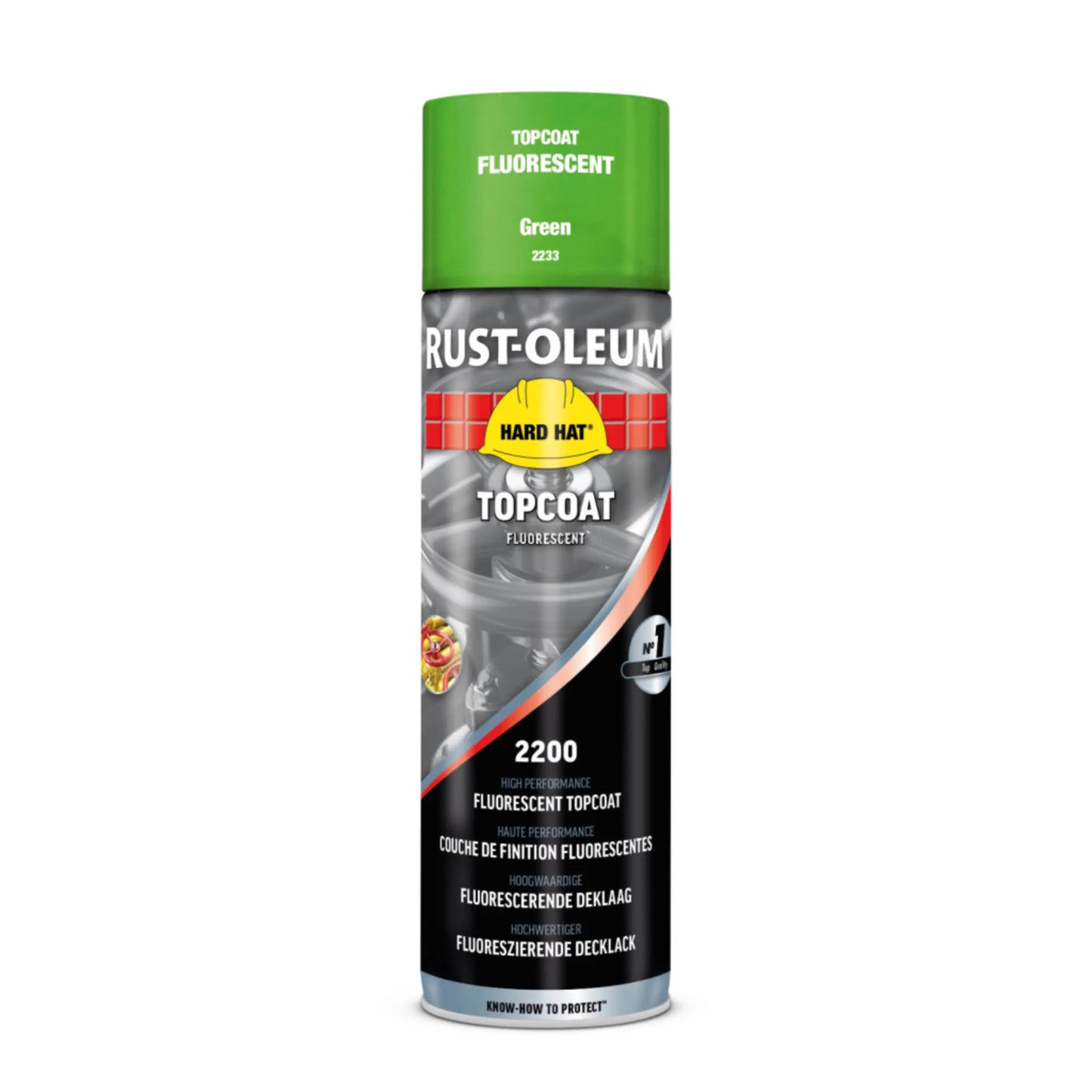Rust-Oleum spray paint can with green topcoat on a white background