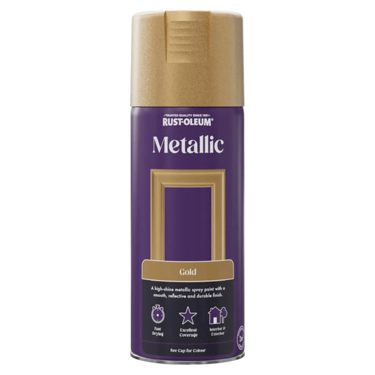Rust-Oleum Metallic Gold spray paint can on a white background