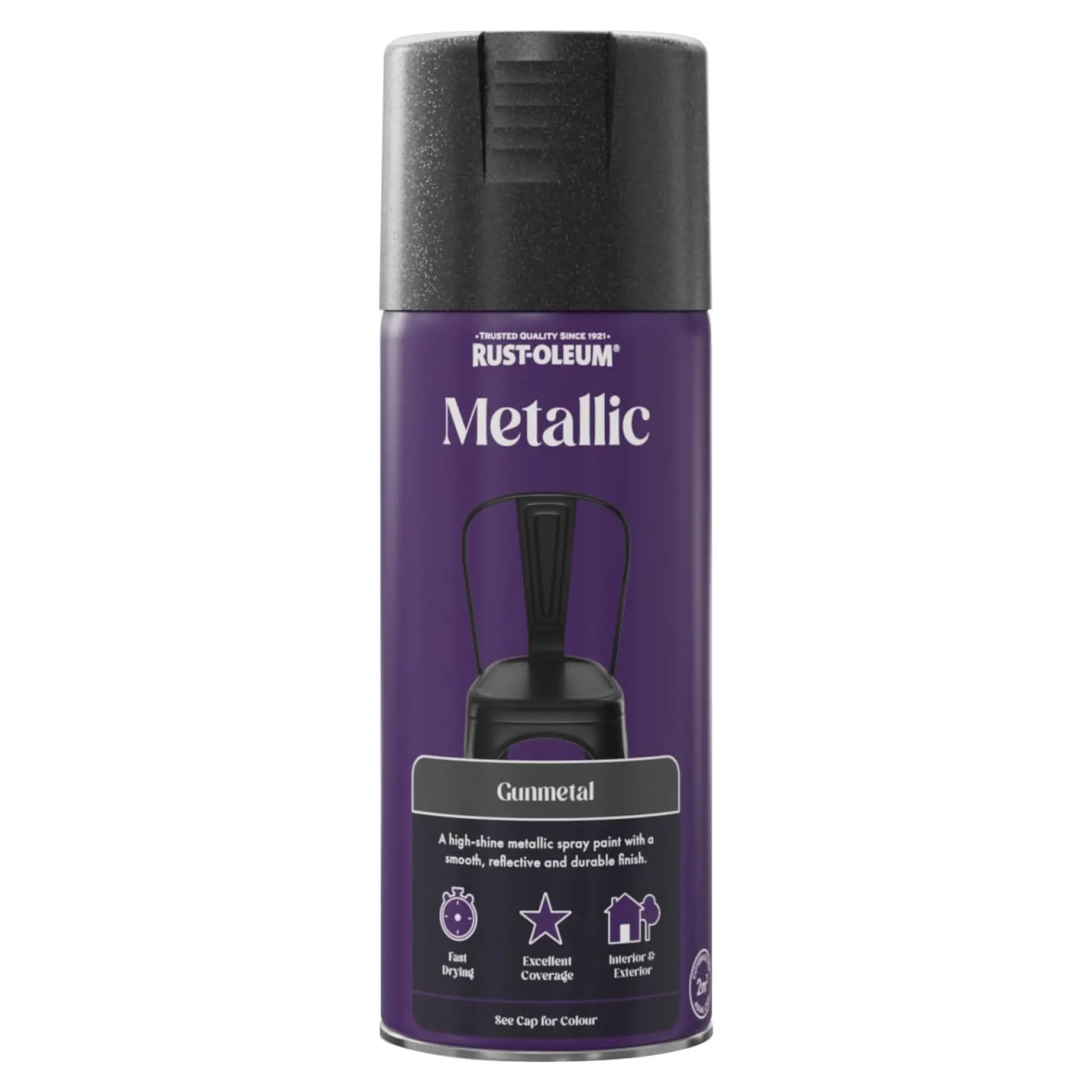 Rust-Oleum Metallic Gunmetal spray paint can on a white background