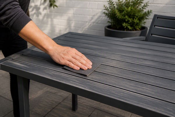 A hand preparing the surface of a dark garden table before painting