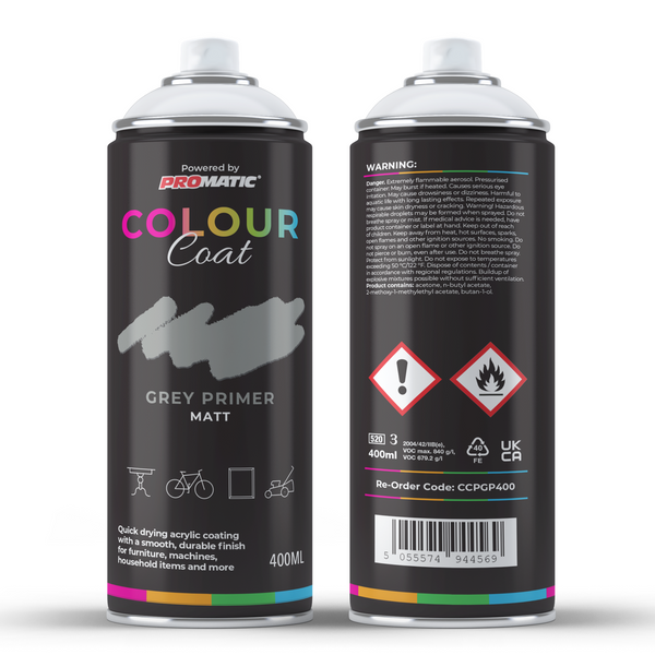 Front and back of a ColourCoat Grey Primer Matt aerosol