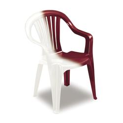 Plastic chair shown partly white and partly burgundy