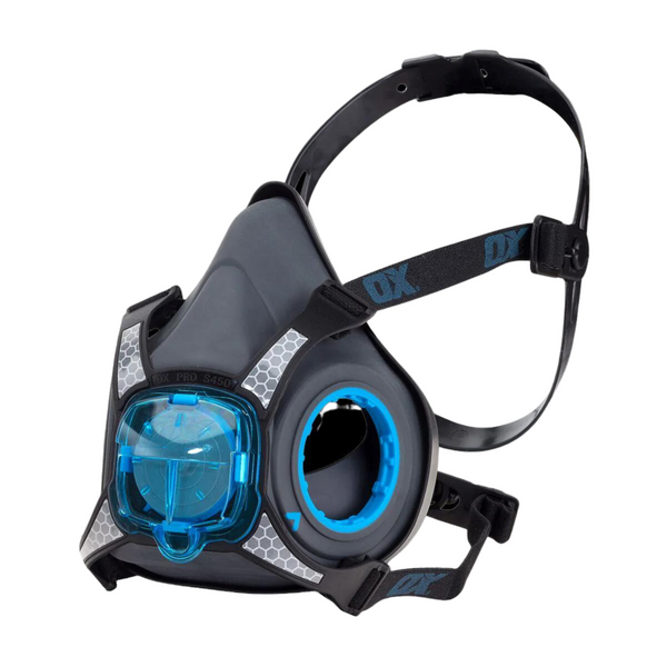 Black and grey half-mask respirator with blue fittings