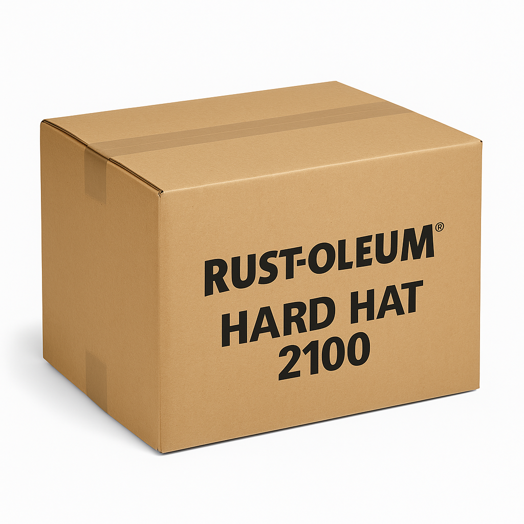 Cardboard box with Rust-Oleum Hard Hat 2100 text on a white background