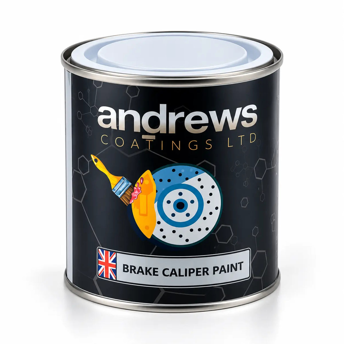 A can of Andrews Coatings Ltd Brake Caliper Paint on a white background. The can features a black label with a graphic of a yellow paint brush and a blue brake caliper, with the brand name 'andrews' in large white letters.
