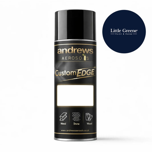 Andrews Aerosols Custom Edge spray can with Little Greene color swatch on a white background