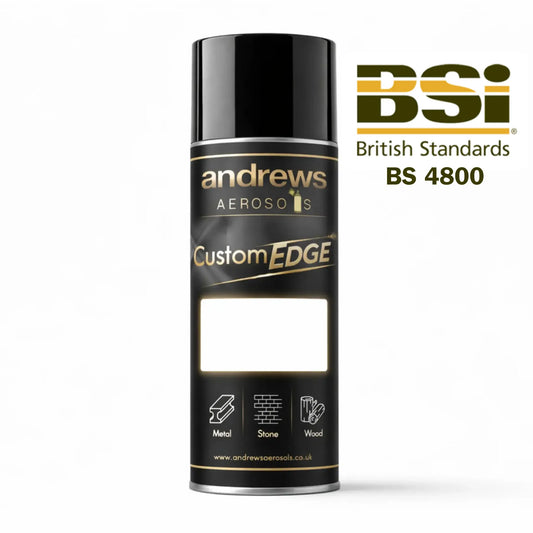 Black spray can labeled 'Andrews Aerosols Custom EDGE' with BSI 4800 logo on a white background