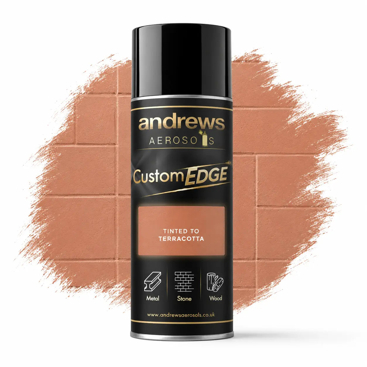 Andrews Aerosol Custom Edge spray can in terracotta color with a paint swatch on a white background
