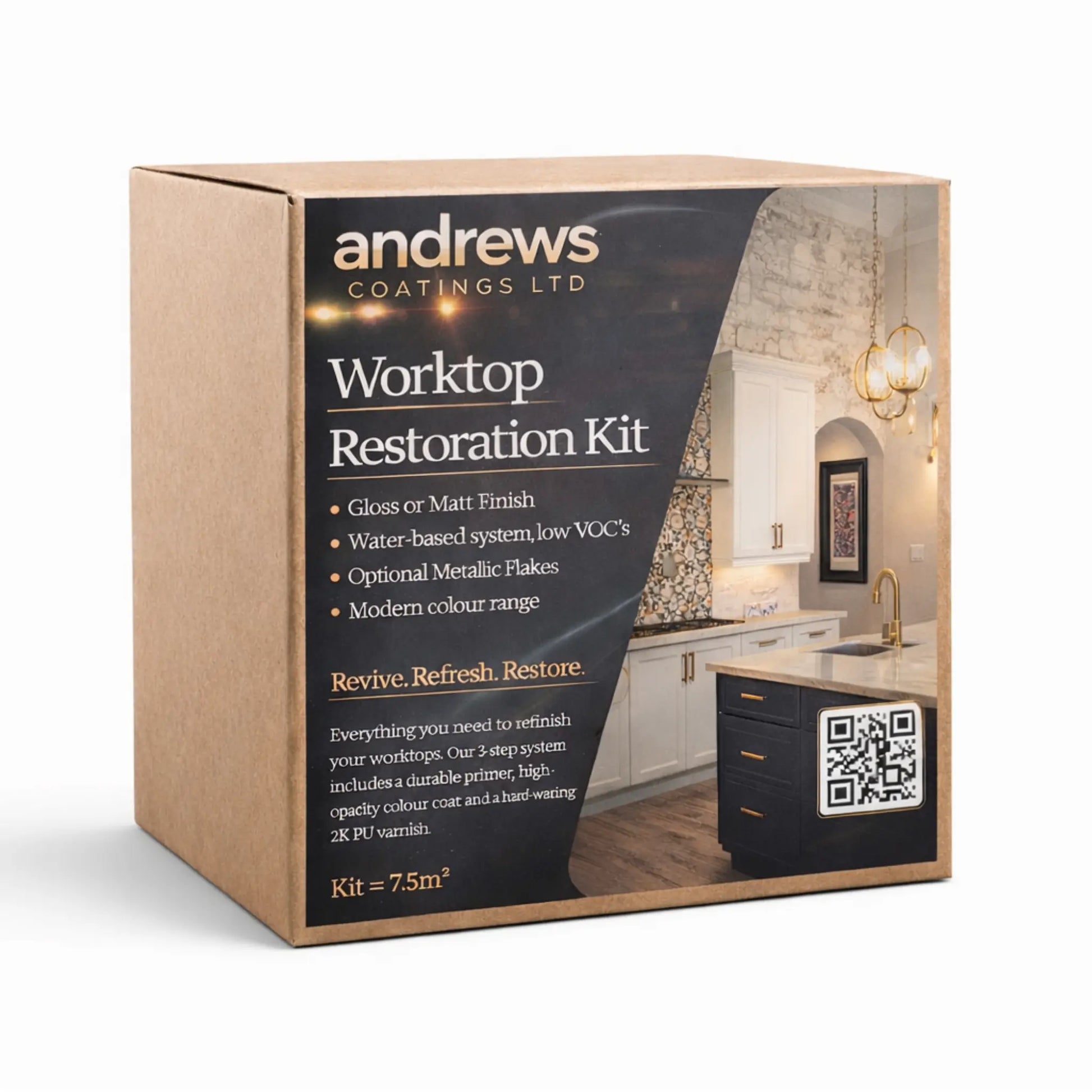 Box of Andrews Coatings Ltd Worktop Restoration Kit with kitchen image on a white background