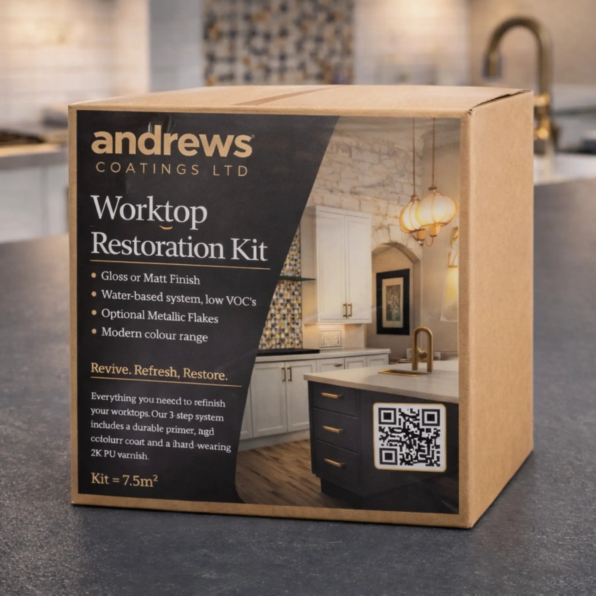 Box of Andrews Coatings Ltd Worktop Restoration Kit on a kitchen counter
