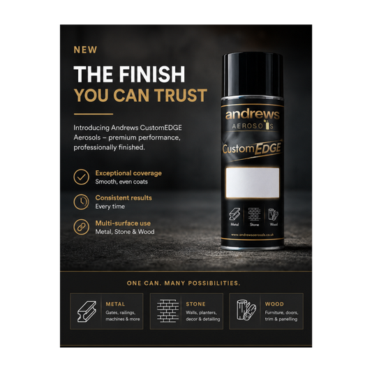 Advertisement for Andrews CustomEDGE aerosols with a black and gold design.
