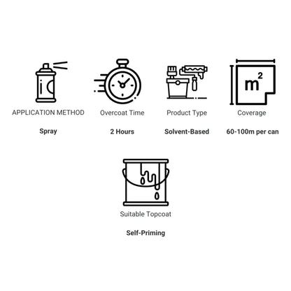 Set of icons and text describing paint product specifications on a white background