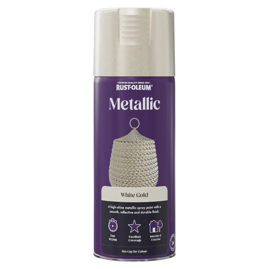 Rust-Oleum Metallic White Gold spray paint can on a white background