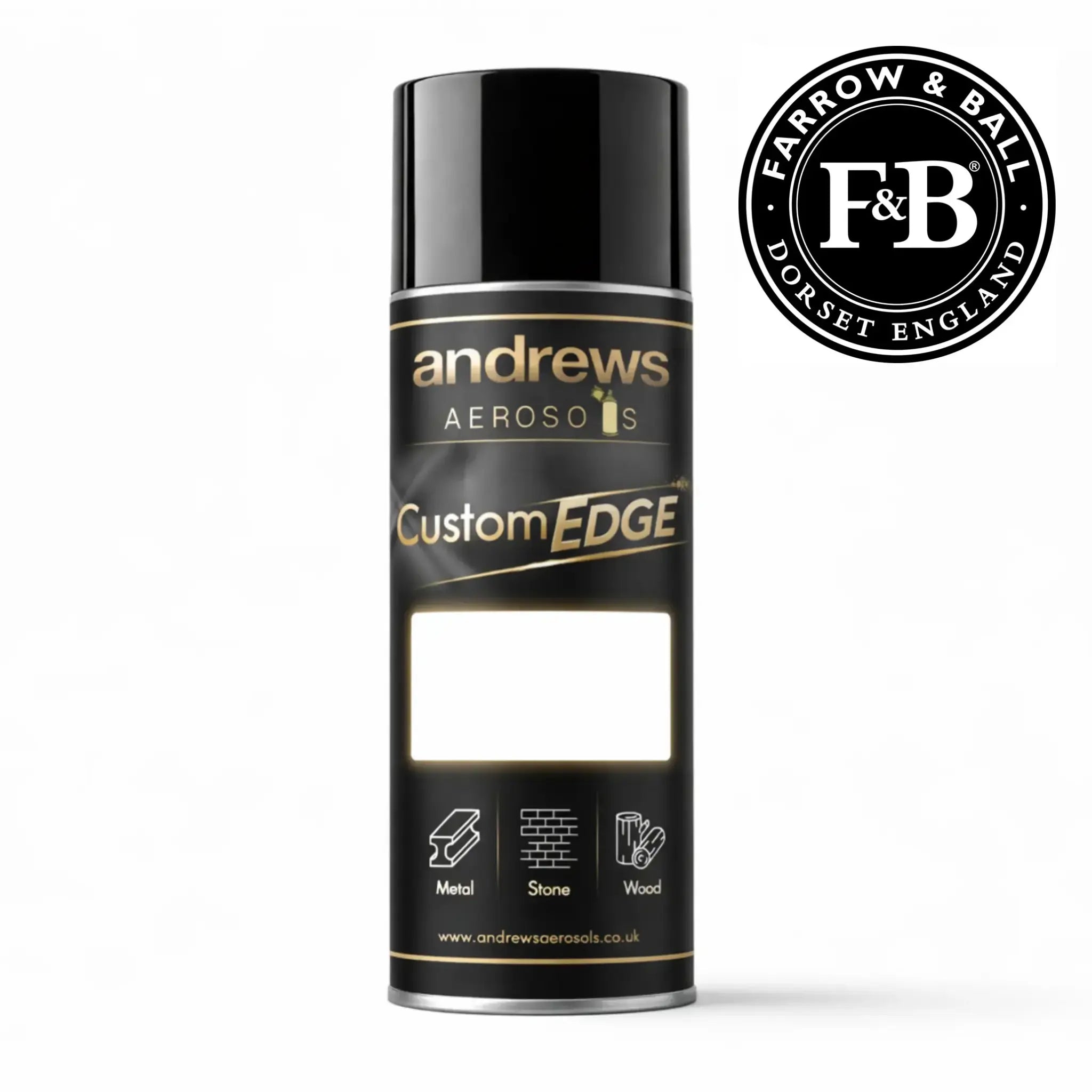 Black aerosol can labeled 'Andrews Aerosols Custom Edge' with Farrow & Ball logo on a white background