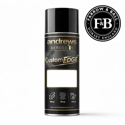 Black aerosol can labeled 'Andrews Aerosols Custom Edge' with Farrow & Ball logo on a white background