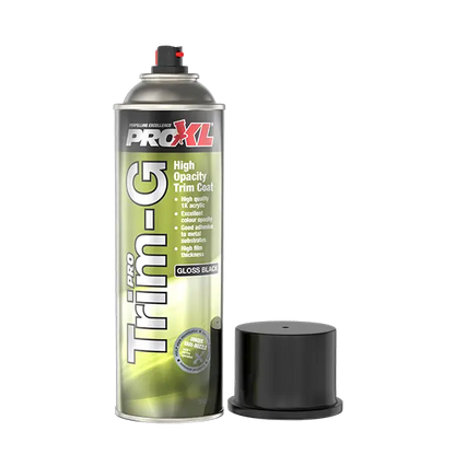 A can of ProXKL Trim-G gloss black spray trim coat stands upright on a white background, with its black cap placed beside it.