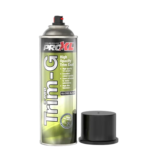 A can of ProXKL Trim-G gloss black spray trim coat stands upright on a white background, with its black cap placed beside it.