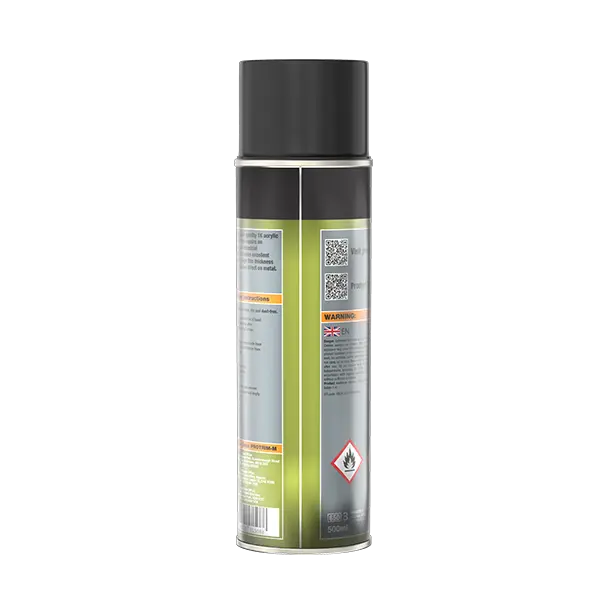 A single aerosol spray can shown upright on a plain white background, photographed from the side/back to show the label. The can has a black top and lower section, a metallic silver middle section, and a pale yellow-green label area with warning text and a hazard symbol.
