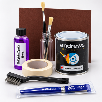 A brake repair kit with various tools and paints, including a can of brake caliper paint, methylated spirits, a paint brush, a wire brush, tape, and paint brushes, arranged on a white background with a brown backdrop card.