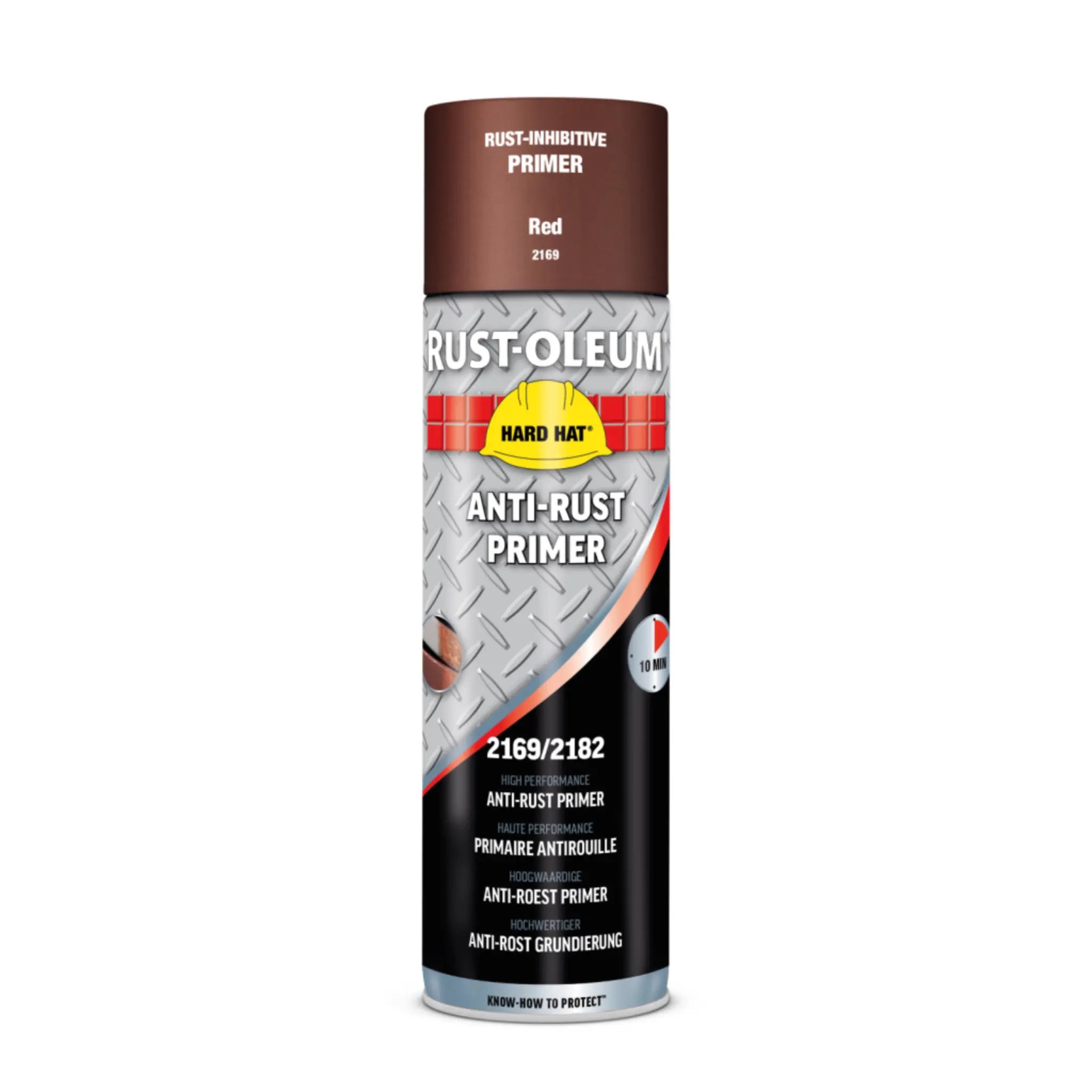 Rust-Oleum anti-rust primer spray can on a white background