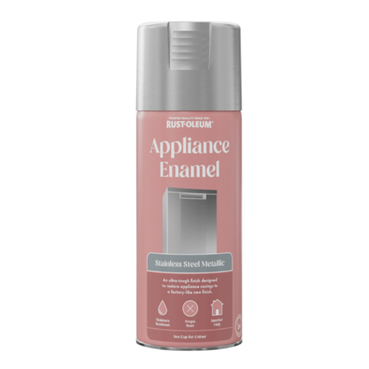 Rust-Oleum Appliance Enamel spray can in Stainless Steel Metallic on a white background