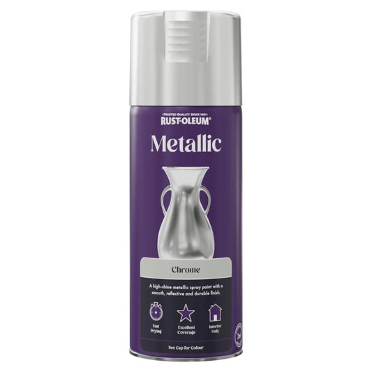 Rust-Oleum Metallic Chrome spray paint can on a white background