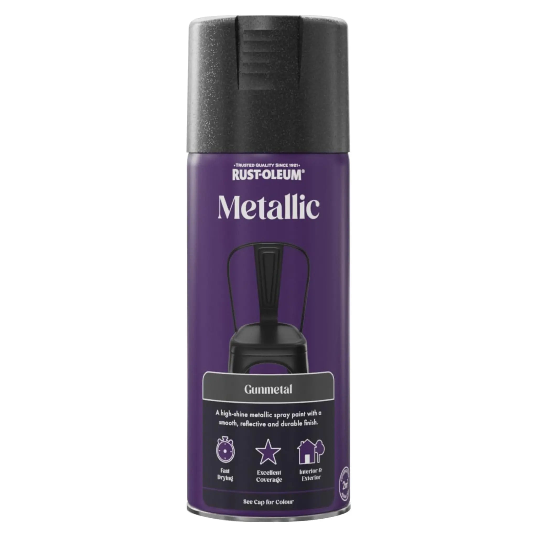 Rust-Oleum Metallic Gunmetal spray paint can on a white background