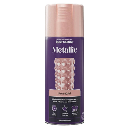 Rust-Oleum Metallic Rose Gold spray paint can on a white background