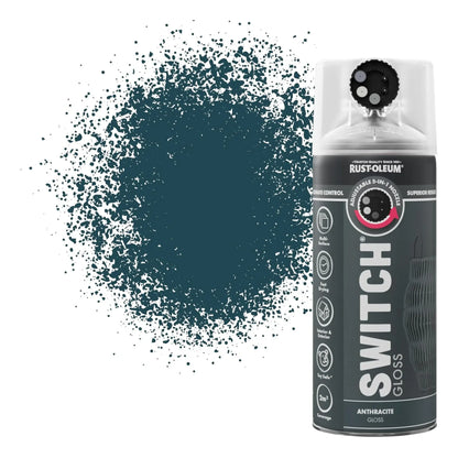 Rust-Oleum Switch spray paint can with teal paint splatter on a white background
