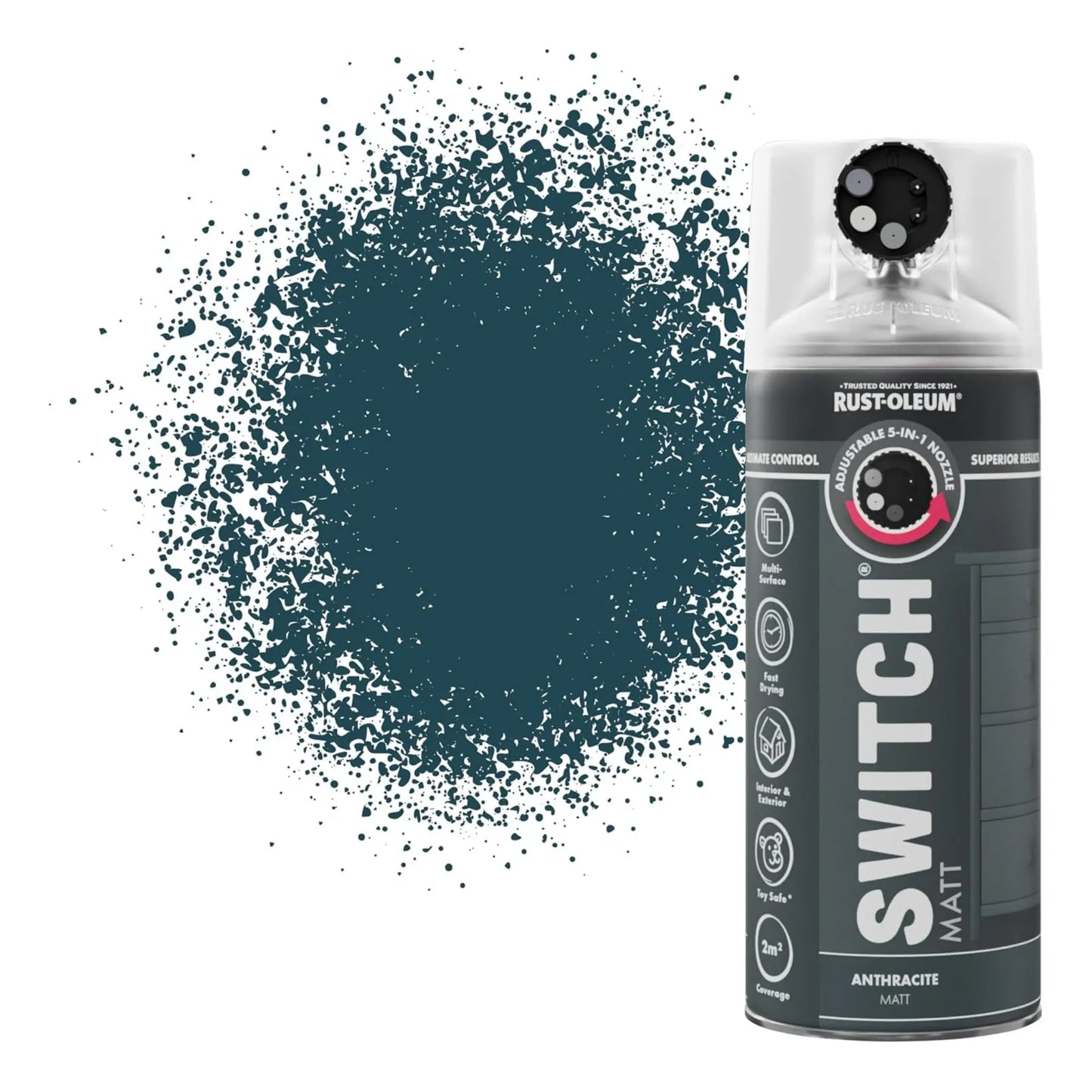 Rust-Oleum Switch spray paint can with a splatter of anthracite color on a white background