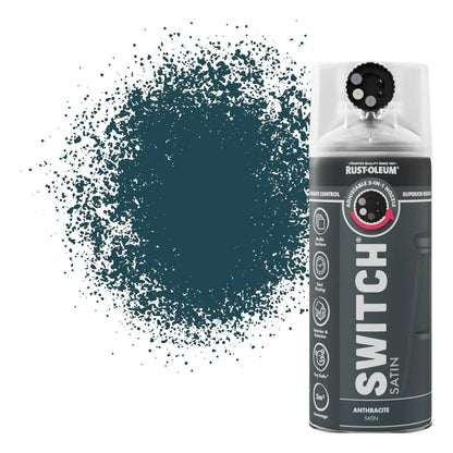Rust-Oleum Switch spray paint can with teal paint splatter on a white background
