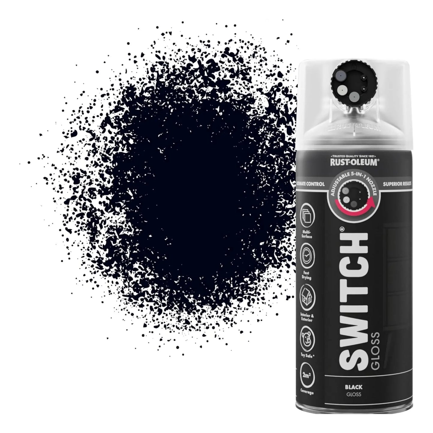 Rust-Oleum Switch spray paint can with black spray pattern on a white background