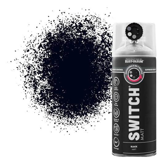 Rust-Oleum Switch spray paint can with black paint splatter on a white background