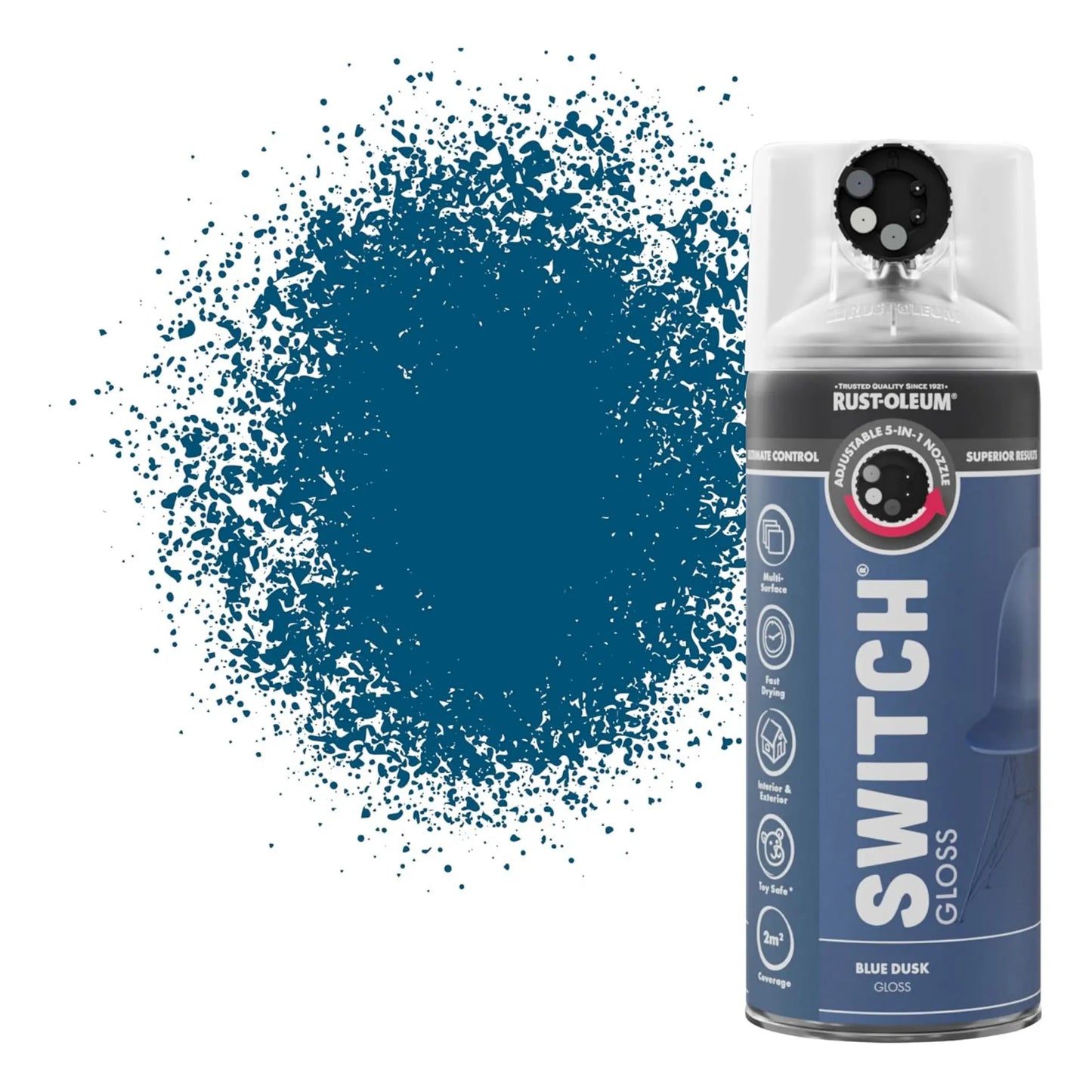 Rust-Oleum Switch spray paint can with blue paint splatter on a white background