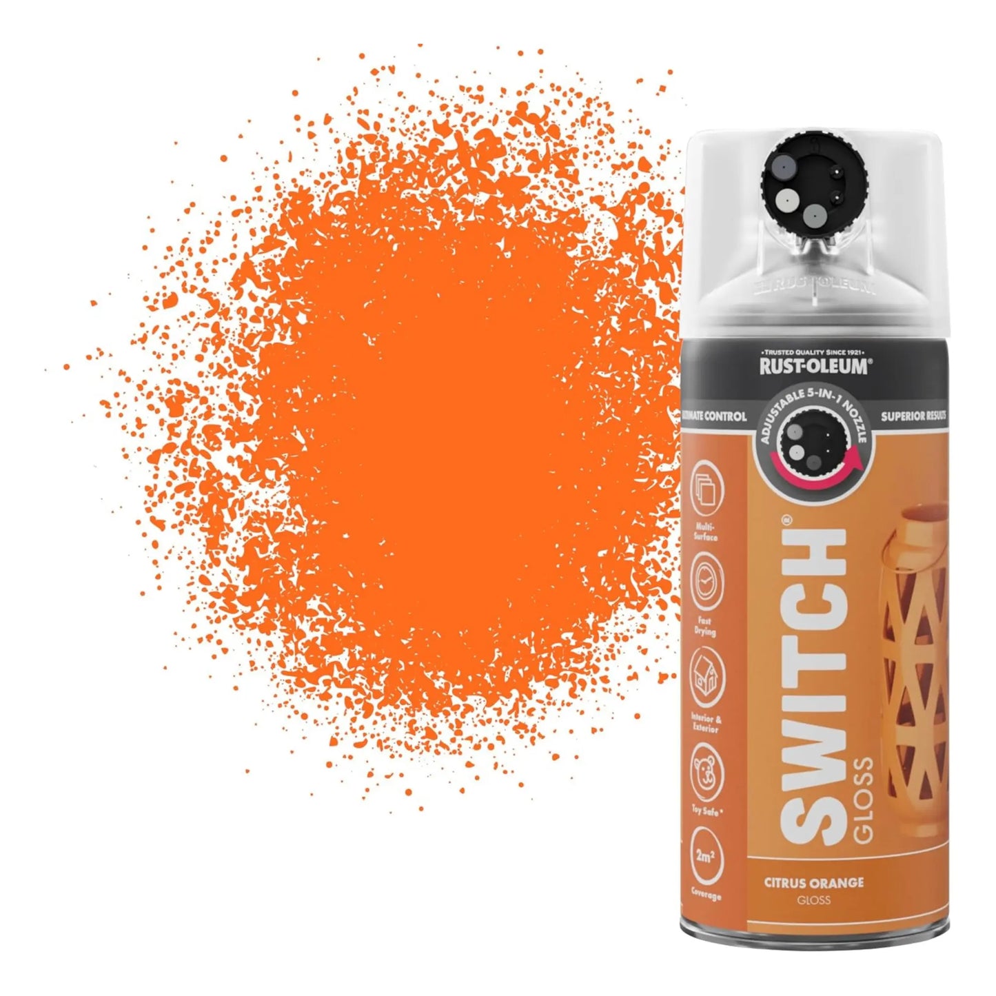 Rust-Oleum Switch spray paint can with orange paint splatter on a white background