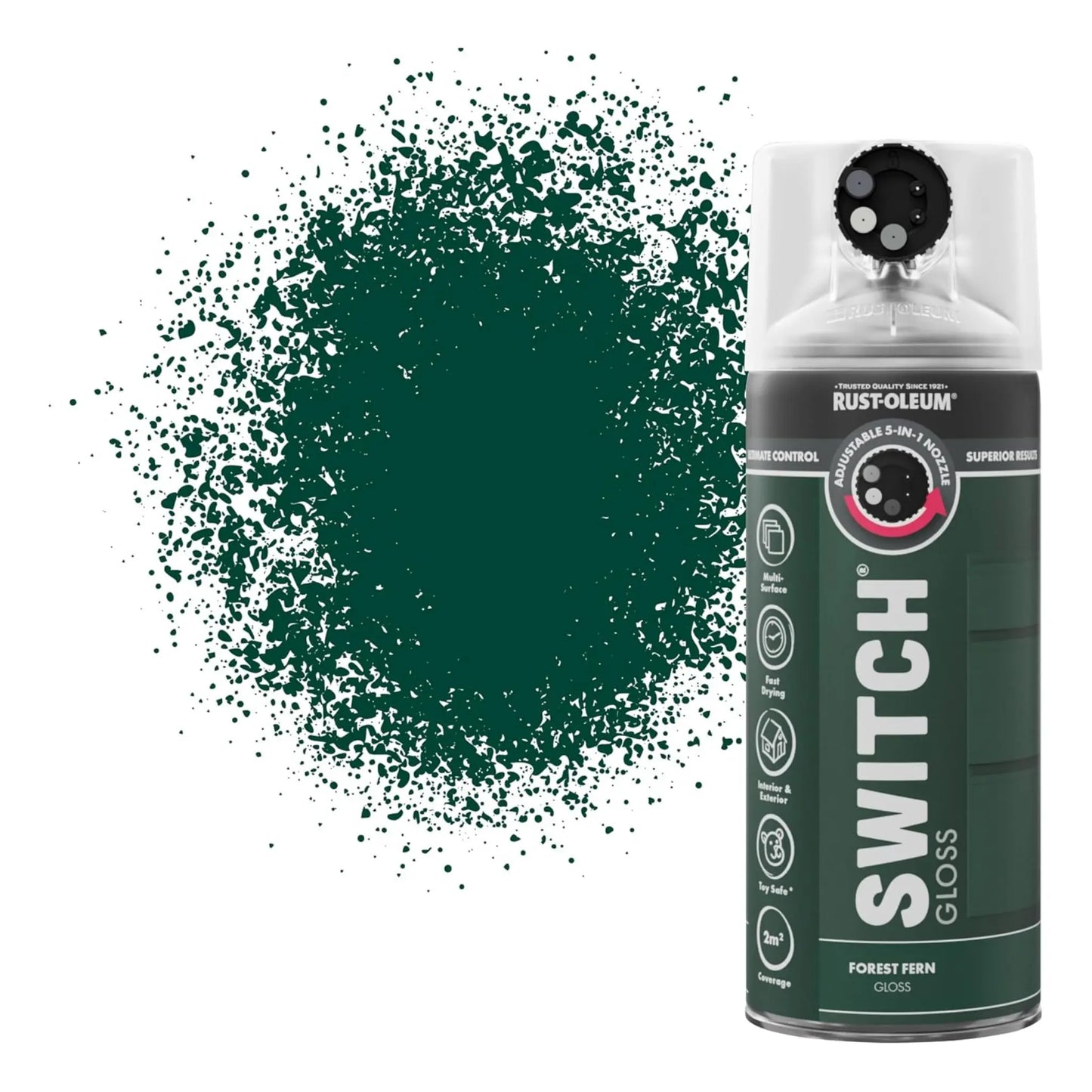 Rust-Oleum Switch spray paint can with green paint splatter on a white background