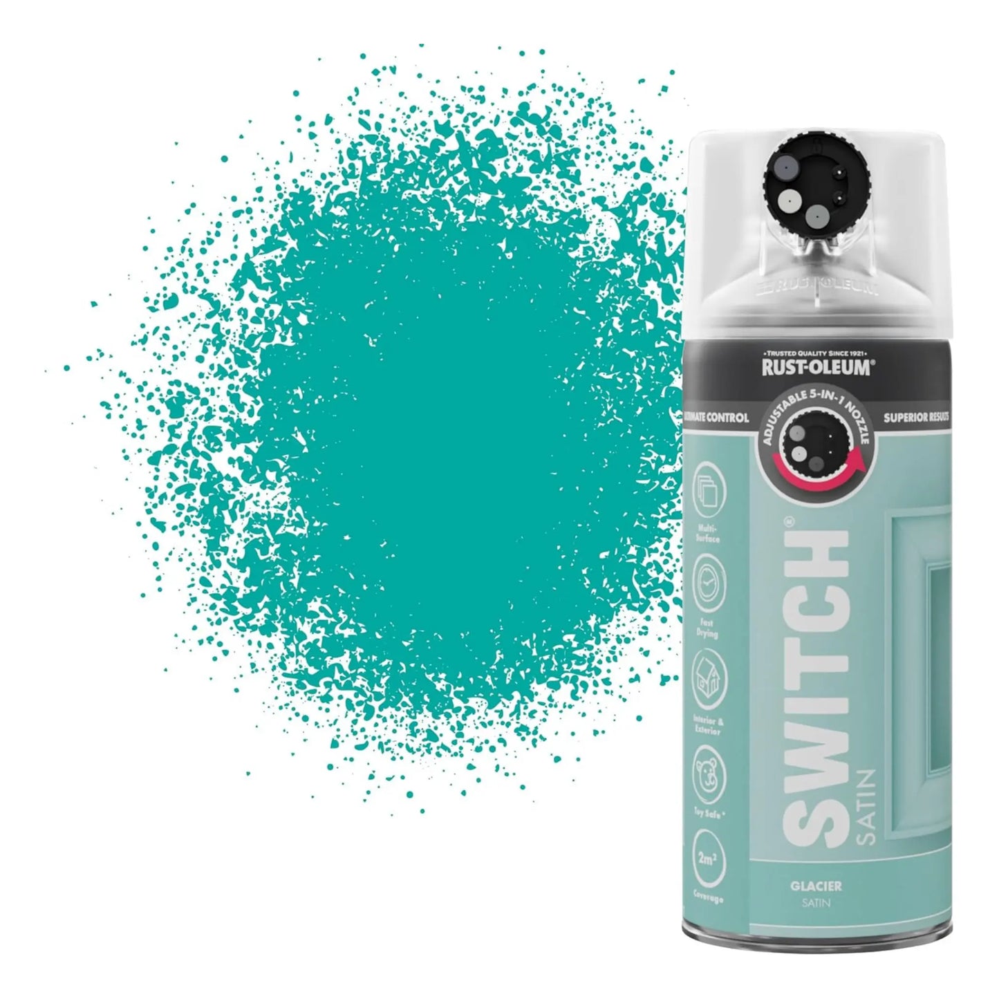 Rust-Oleum Switch spray paint can with teal paint splatter on a white background