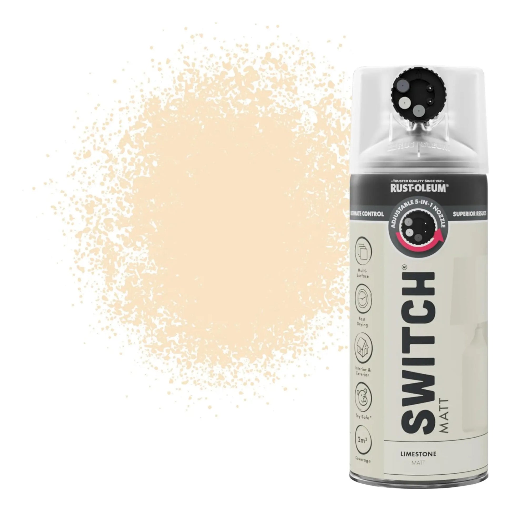 Rust-Oleum Switch spray paint can with beige paint splatter on a white background