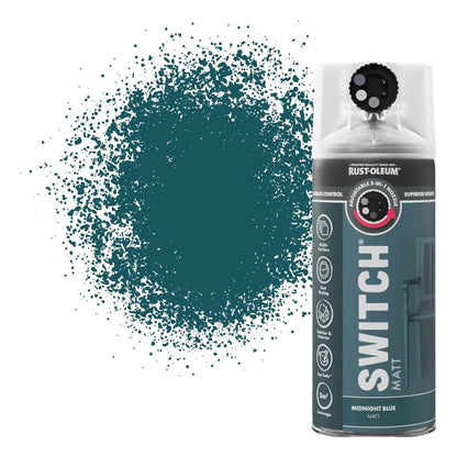 Rust-Oleum Switch spray paint can with teal paint splatter on a white background