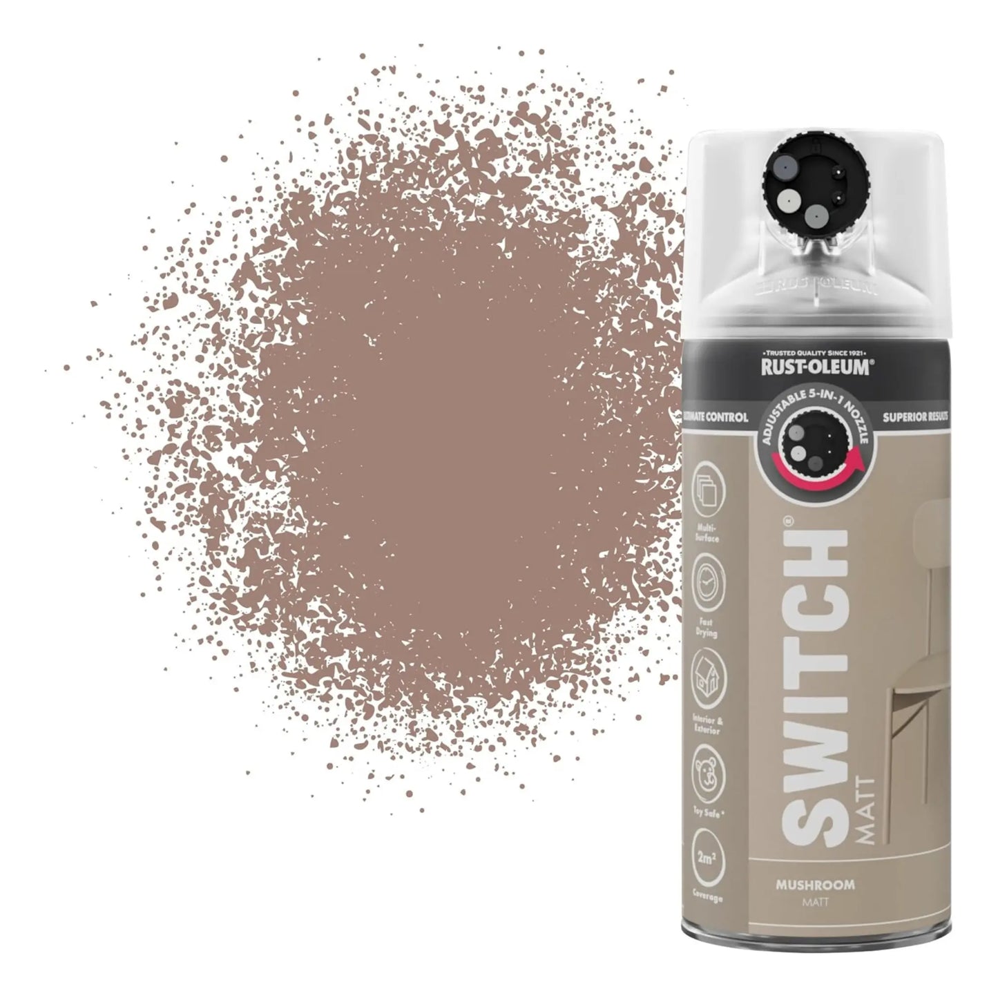 Rust-Oleum Switch spray paint can with brown paint splatter on a white background