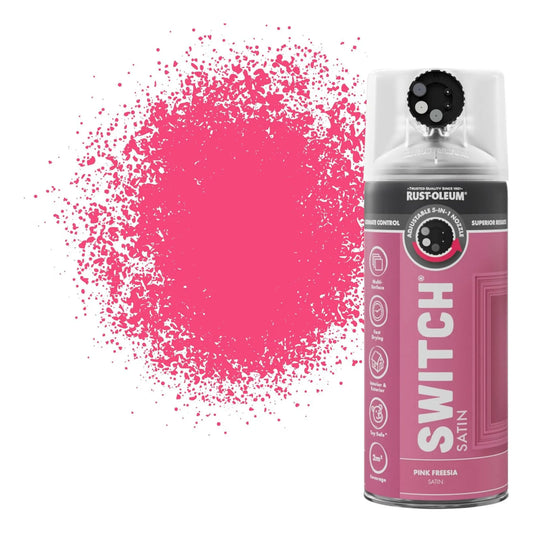 Rust-Oleum Switch spray paint can with pink spray pattern on a white background