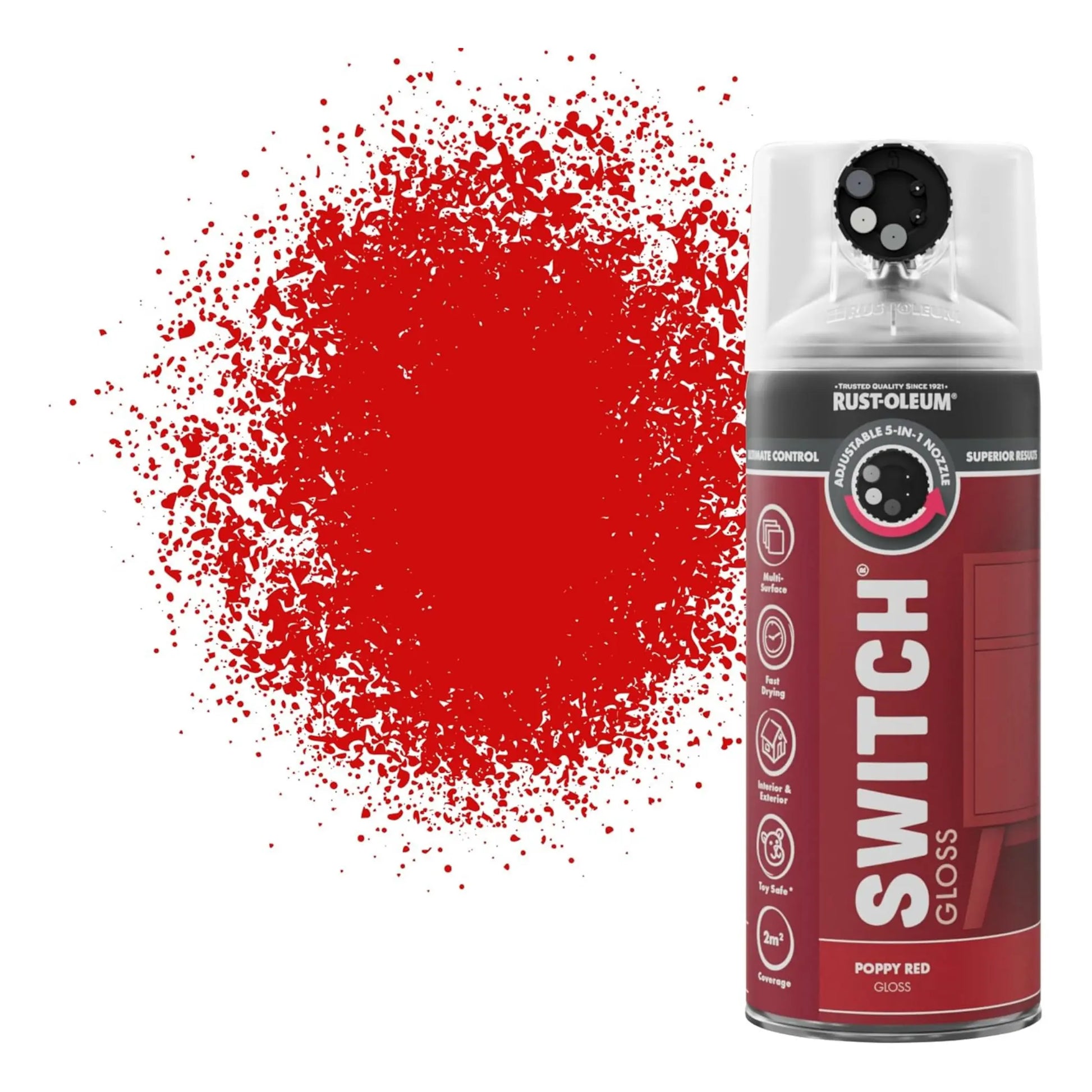 Red spray paint can with Rust-Oleum Switch branding on a white background