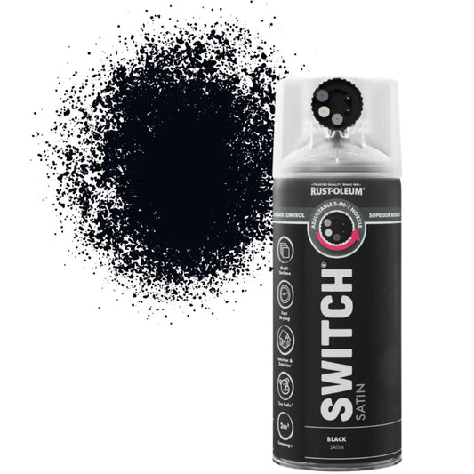 Rust-Oleum Switch spray paint can with black paint splatter on a white background