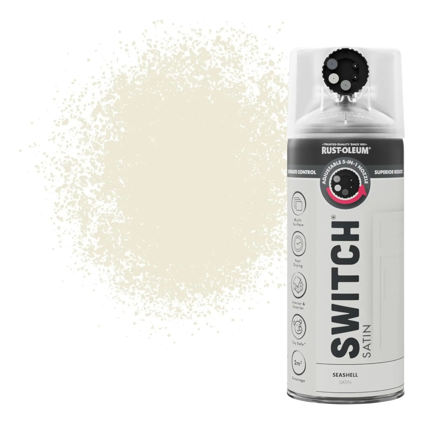 Rust-Oleum Switch satin seashell spray paint can with paint splatter on a white background