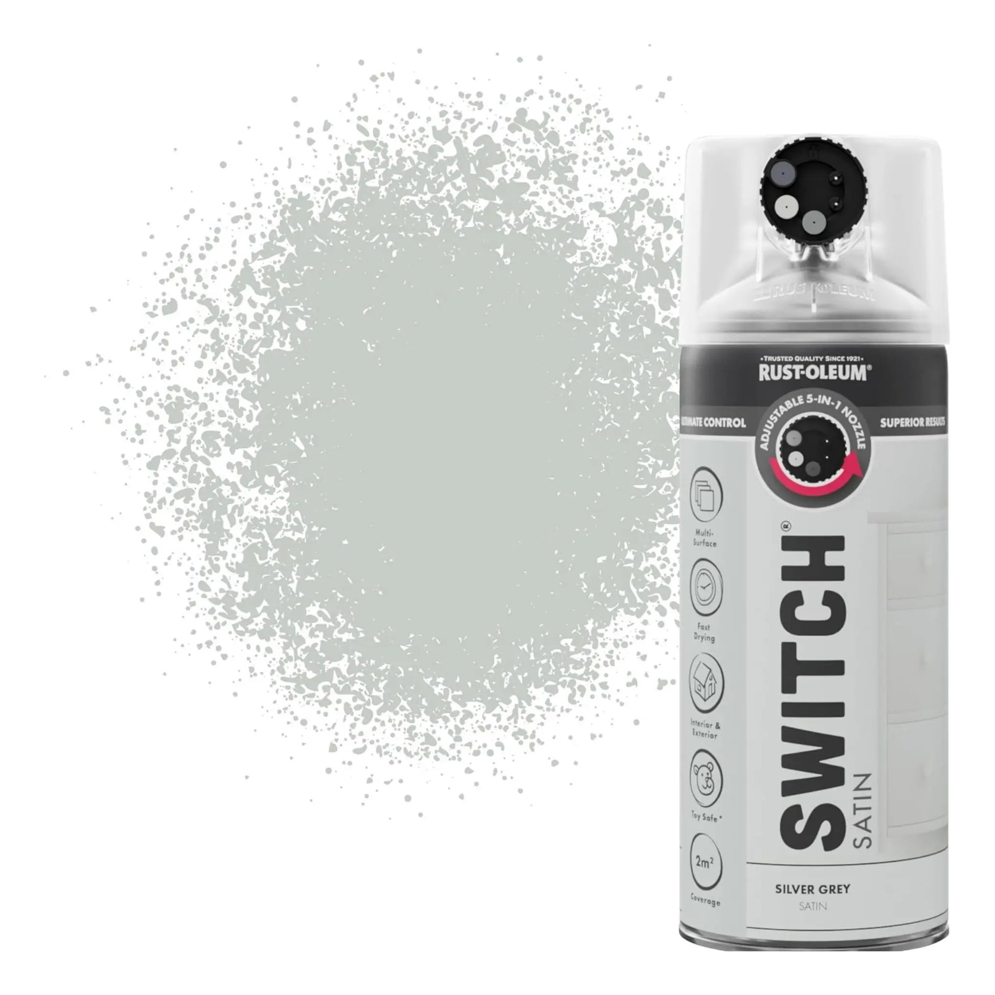 Rust-Oleum Switch spray paint can with silver gray color on a white background