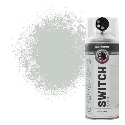 Rust-Oleum Switch spray paint can with silver gray color on a white background