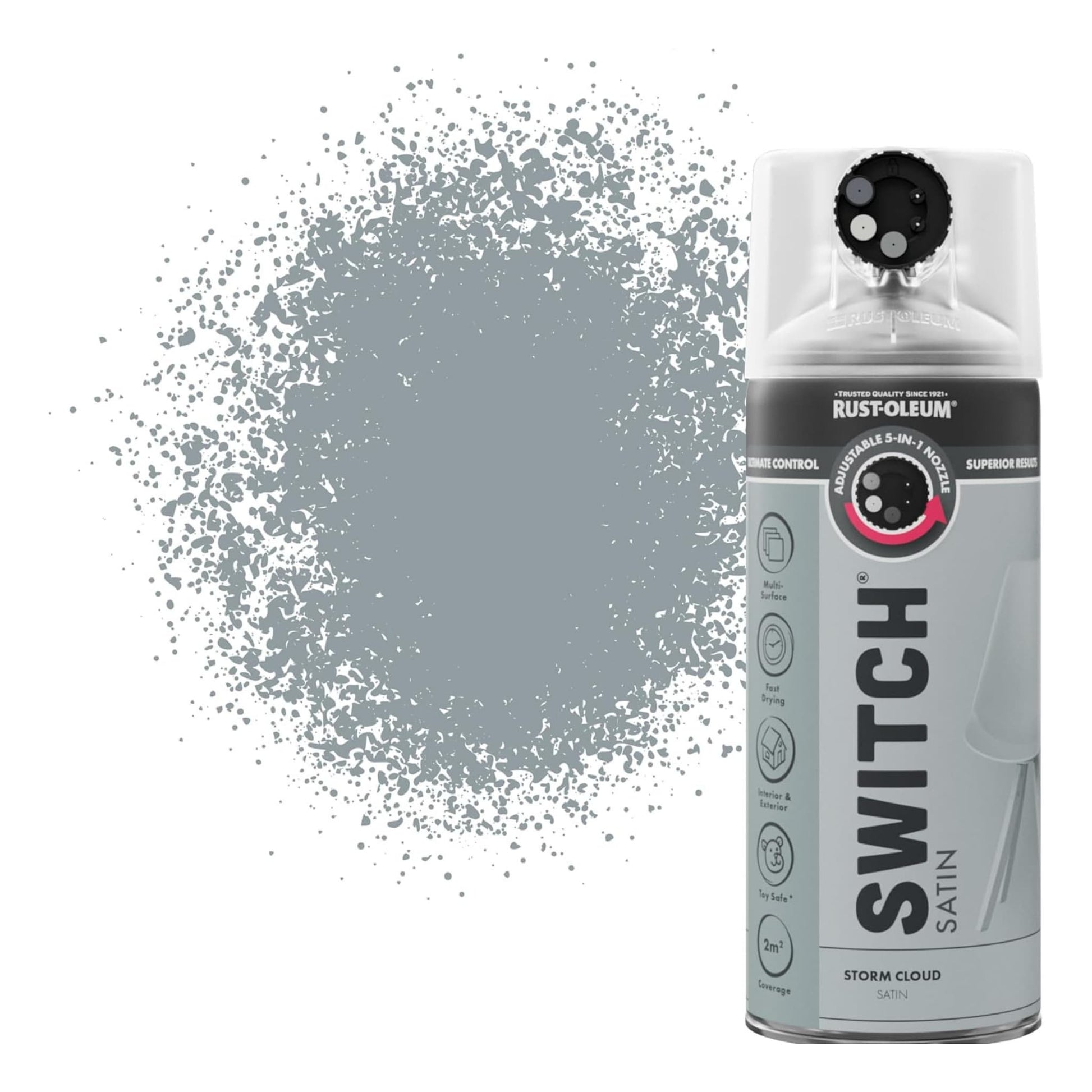 Rust-Oleum Switch spray paint can with gray paint splatter on a white background