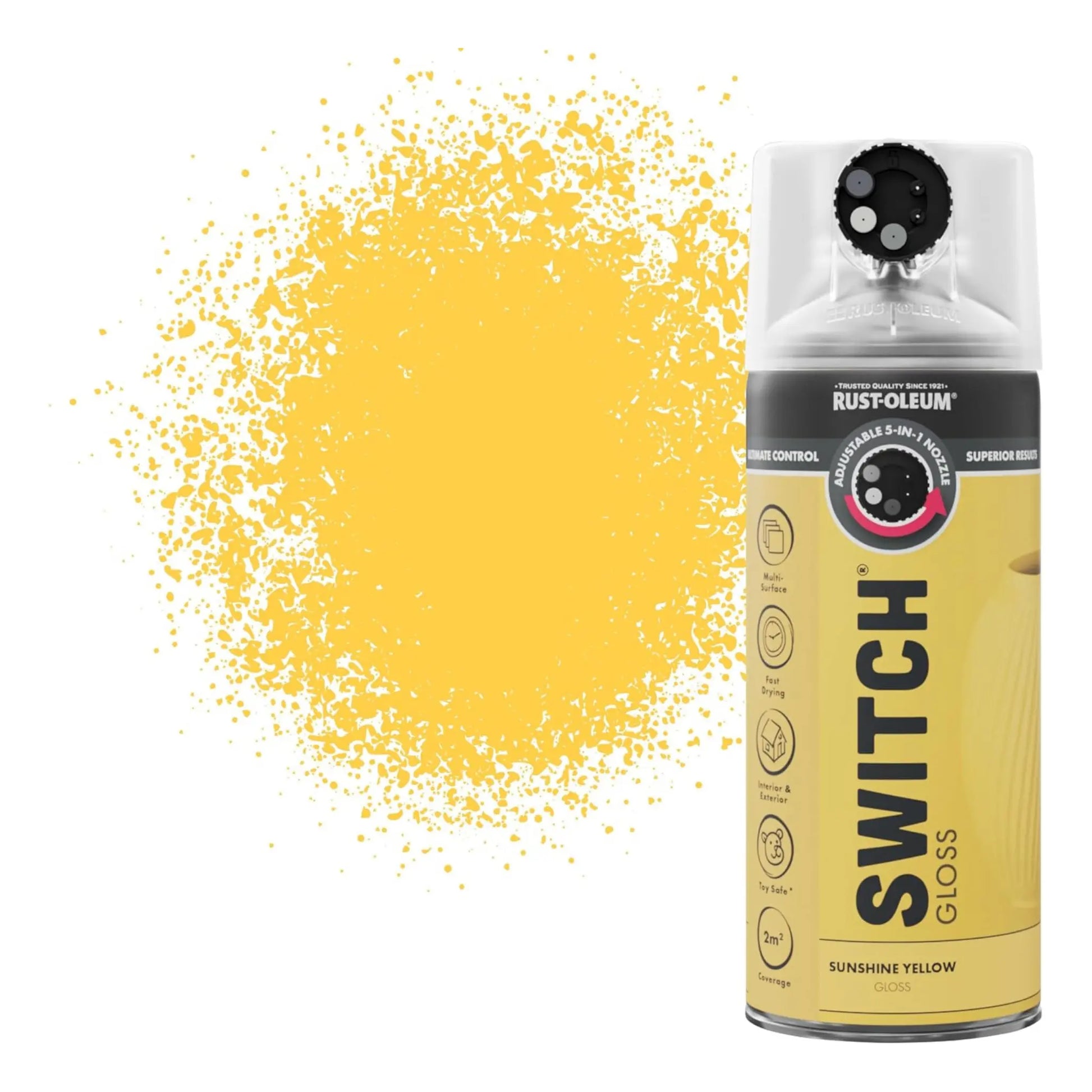 Rust-Oleum Switch spray paint can in Sunshine Yellow with yellow splatter on a white background