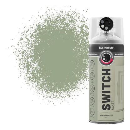 Rust-Oleum Switch spray paint can with green paint splatter on a white background